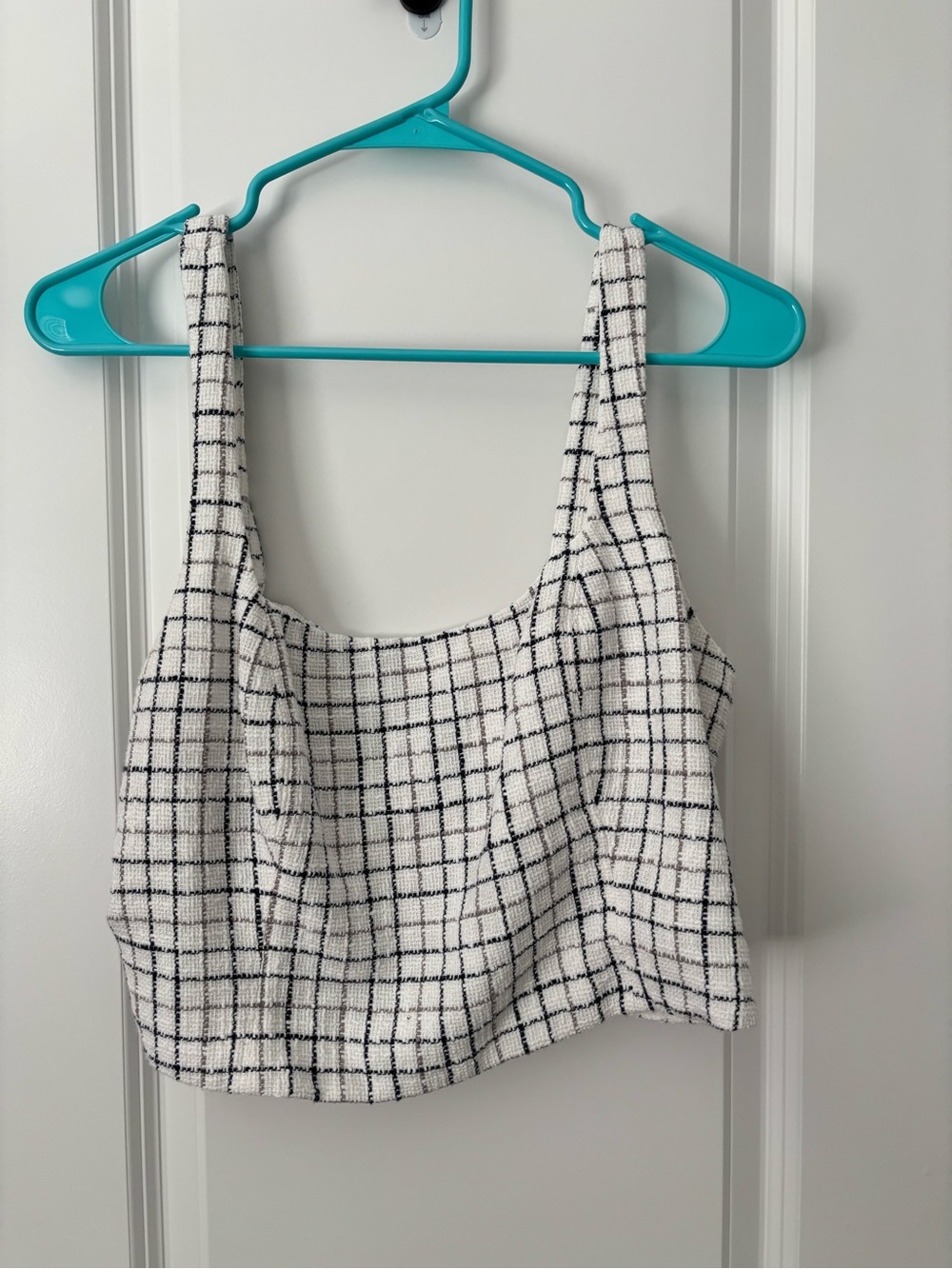 Abercrombie & Fitch White Crop Tank with Black Windowpane Grid